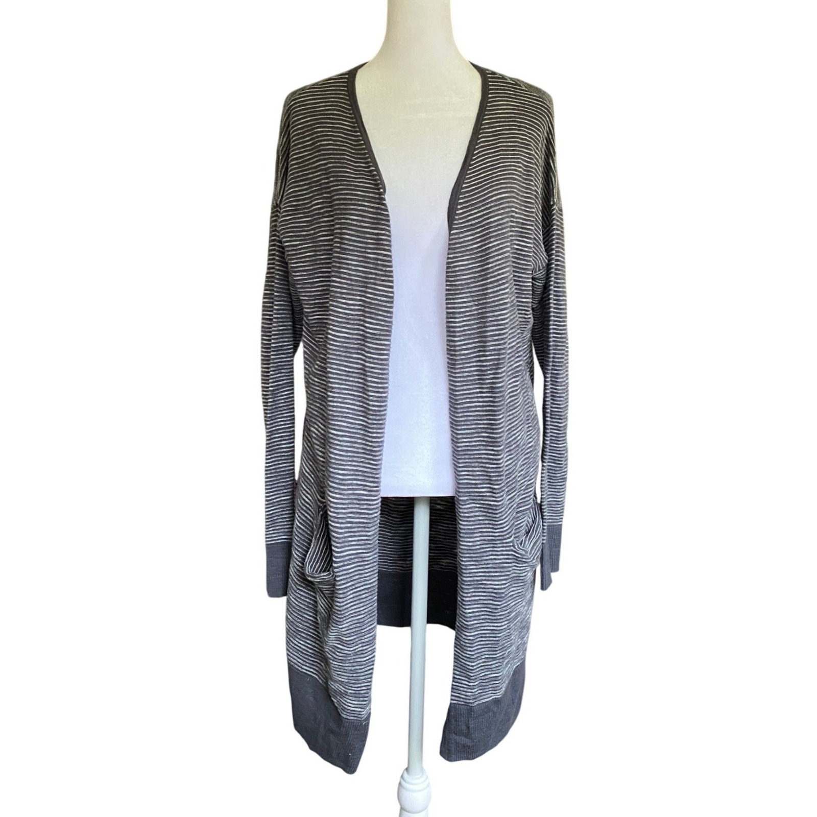 Evereve Striped Open Front Longline Black Duster Cardigan Medium Cotton Oversize